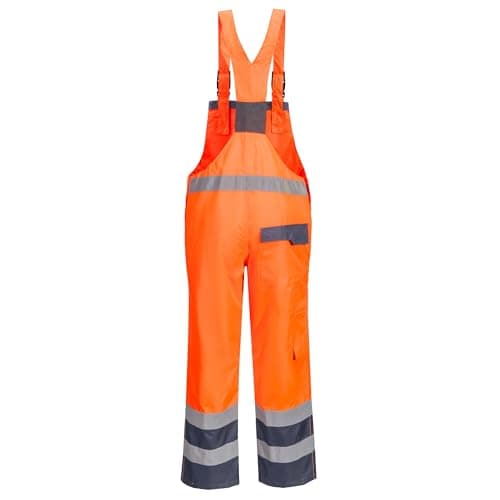 Image of Portwest S488 Waterproof Bib and Brace Overalls Hi Vis Mens Waterproof Work Trousers Overtrousers Rain Dungarees Reflective Utility Pockets, Orange/Navy, L