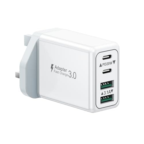 Image of USB C Plug, 40W 4-Port Fast Charger Plug UK Dual Port PD Power Adapter +QC Multi Mains Wall Charger Type C Charging Plug for iPhone 16 15 14 13 12 11 Pro Max Plus XS XR SE,Samsung, iPad, AirPods