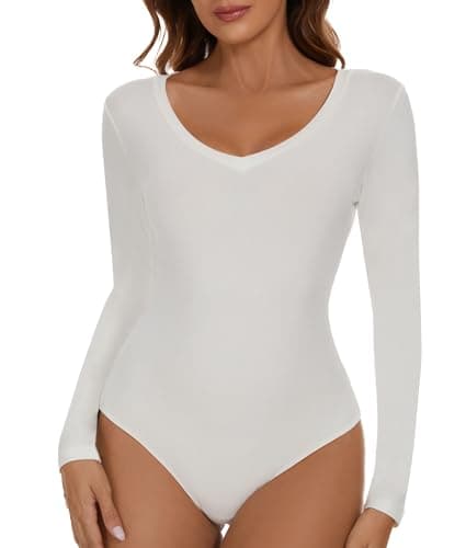 Image of SHAPERIN V Neck Bodysuit Women's Bodysuits Long Sleeve Body Suit Leotards for Women Jumpsuit Top Sexy White Medium