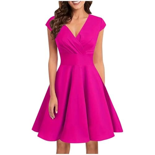 Image of Women 1950s Vintage Rockabilly Dress A Line Swing Cocktail Party Dress Audrey Hepburn Tea Dresses Plain Short Sleeve V Neck Retro Dresses Swing Flowy Pleated Dance Gown Hot Pink