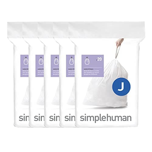 Image of simplehuman Code J 100 Liners, 50% Recycled Custom Fit Bin Bags in Dispenser Packs with Durable Drawstring Tie Handle, 30-45L, White