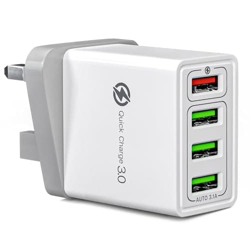 Image of Fast Charger Plug USB Charger – Ultra Fast 4 Port Multi USB Plug Adaptor UK – 33W Quick Charge 3.0 Wall Charger Adapter Plug UK – Phone Charger Plug Fast Charging for iPhone, Samsung, iPad and more