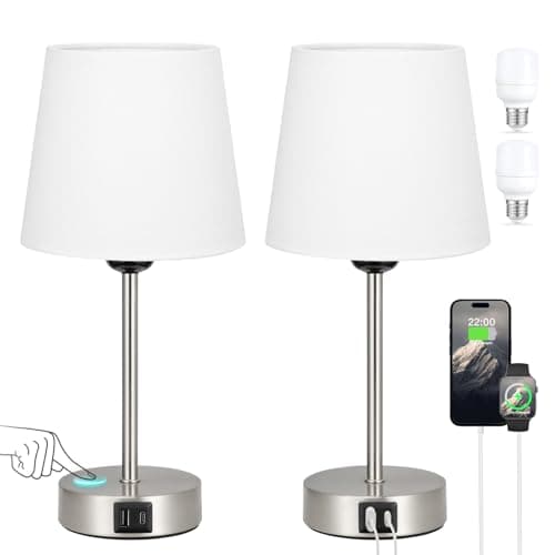 Image of Aooshine White Bedside Lamps Set of 2, Touch Dimmable Table Lamp with USB A+C Charging Ports, Silver Base, White Linen Shade(Bulbs Included)