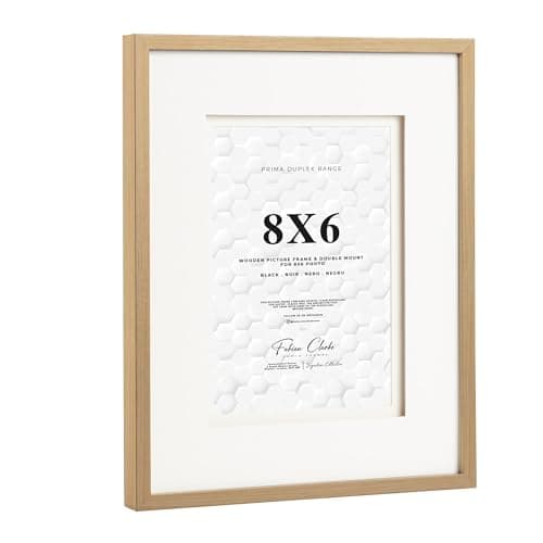 Image of Fabian Clarke London® 8x6 Oak Colour Wooden Picture Photo Frame with Off White Double Mount to Hang Portrait or Landscape For 8x6 Photo
