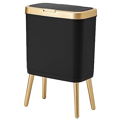 Image of Procade Office Trash Can with Lid, Black Bathroom Trash Can with Gold Edge, Modern Narrow Garbage Can with Legs, Slim Garbage Bin Plastic Trash Bin for Bedroom, Living Room,Kitchen,Toilet, 4 Gallon