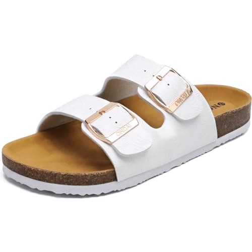 Image of ONCAI Women’s Flat Slide Sandals Suede Leather Adjustable Double Buckle Strap Cushion Cork Footbed Open Toe Mules with Non-slip Rubber Sole Floral White 6 UK