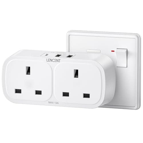 Image of LENCENT Plug Adapter with 3 USB (Included 1 USB-C), Double Wall Plug Extension, Multi Adaptor 2 Gang Extender Suitable for UK, 13A 3250W for Home, Office, College dormitary