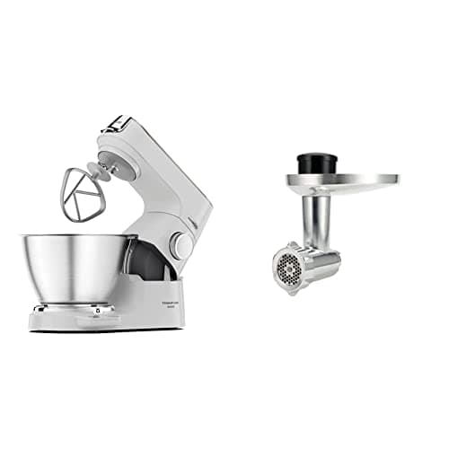 Image of Kenwood Titanium Chef Baker XL, Kitchen Machine with K-Whisk, Stand Mixer with Kneading Hook, Whisk and 5L Bowl, KVC65.001WH, Power 1400W, White & KAX950ME Food Mincer Attachment