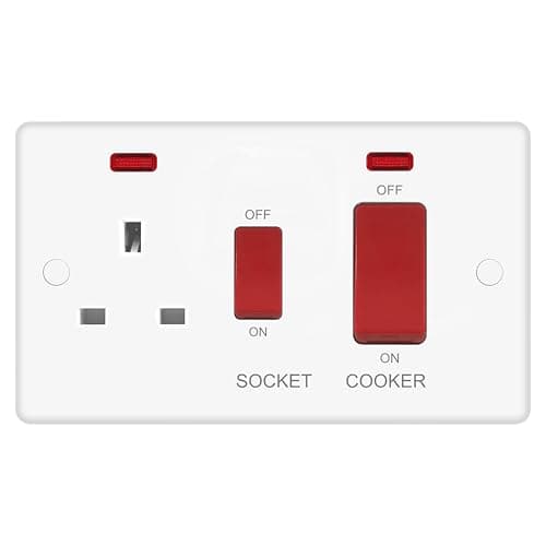 Image of EVOGES Vector Cooker Control Unit – 45A Double Pole Switch with Neon & 13A Switched Socket with Neon, White Gloss Double Plate, Cooker Isolation & Power Socket, Includes Fixing Screws & Screw Caps, UK