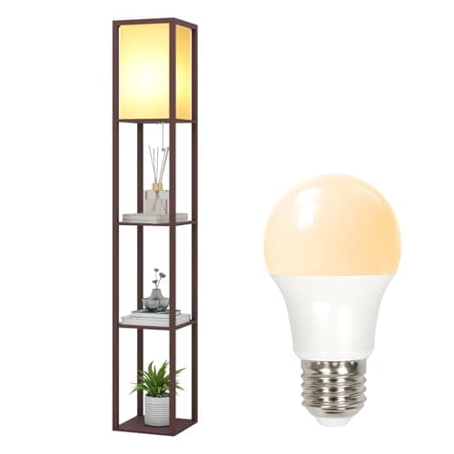 Image of PULUOMIS Floor Lamp with Shelves, 3 Tier Storage Standing Lamp with 8W LED Bulb, Modern Shelf Floor Lamp for Living Room and Bedroom, Brown