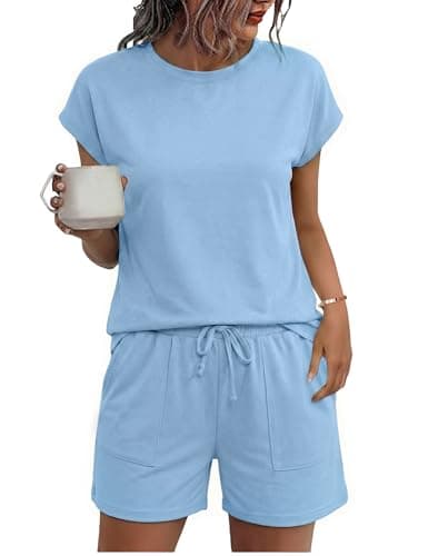 Image of Uniexcosm Women's Pyjama Sets Summer Pyjamas for Women Cotton Short Sleeve Top And Shorts for Summer Two Piece Pj Sets Soft Crewneck Nightwear With Pockets Sleepwear,A-Sky blue,M