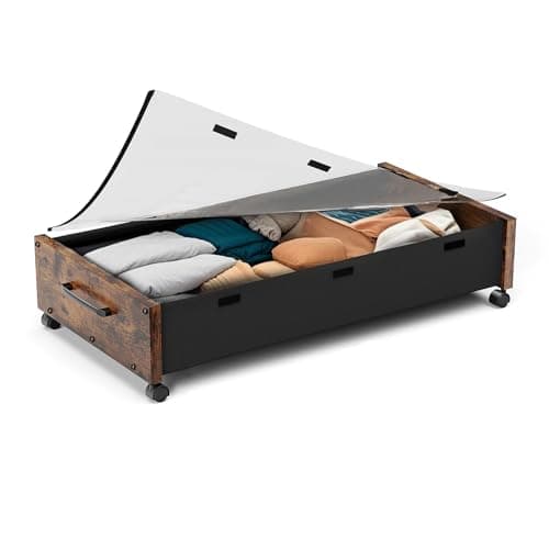 Image of Under Bed Storage with Wheels, Wooden Storage Containers Extra Large Underbed Shoes Organizer, Rolling Under Bed Storage Drawers with Clear Lid, Heavy Duty for Clothes Toys 36"L (Vintage Brown-1pack)