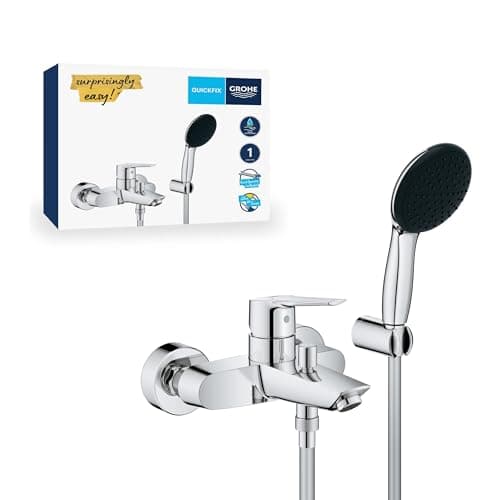 Image of GROHE Start QuickFix – Single Lever Bath Filler Mixer Tap Set (Diverter: Bath/Shower, Round 11cm Hand Shower 1 Spray: Rain, Wall Holder, Shower Hose 1.5m, Water Saving, Wall Mounted), Chrome, 25283002