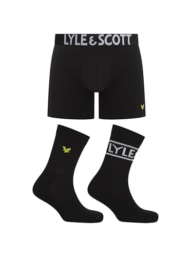Image of Lyle & Scott Men’s Creed Trunk & 2 Pack Sport Socks Gift Box – Premium Underwear & Sock Set Size UK 7-11 (UK, Alpha, XL, Regular, Regular, Black)