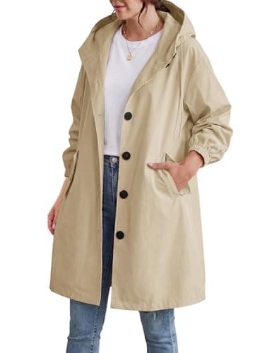 Image of CMTOP Trench Coats for Women Long Lightweight Hooded Trench Coat, Solid Colour Classic Windproof Pea Coat Single-Breasted Windbreaker Jacket with Pockets for Spring Summer Autumn(Khaki Grey,M)