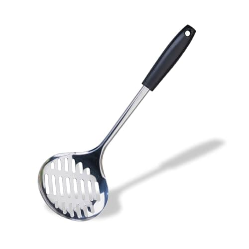 Image of Fackelmann INITIAL Skimmer, Oil Skimmer & Strainer, Stainless Steel, Heat-Resistant Plastic Handle, Metal Colander Straining Spoon, Deep Fat Frying, Slotted Holes, 34.5cm