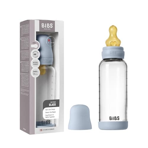 Image of BIBS Baby Glass Bottle. 240ml. Anti-Colic. Vented Round Natural Rubber Latex Teat. Supports Natural Breastfeeding, Medium Flow, Complete Set - 240 ml, Baby Blue