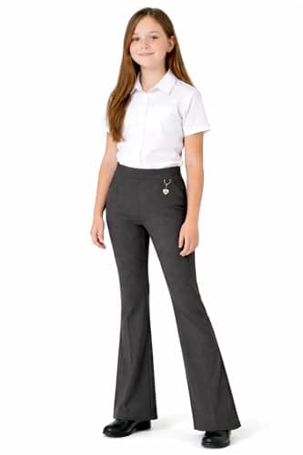 Image of Girls School Uniform Bootleg Trousers Stretchy Jersey Pants with Heart Pendant Ages 2–17 Years (Grey 13-14 Years)