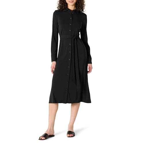 Image of Amazon Essentials Women's Regular Fit Long Sleeve Matte Jersey Collared Smart Midi Shirt Dress, Black, M