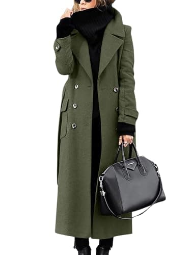 Image of ebossy Women‘s Winter Double Breasted Wool Coat Elegant Notched Lapel Belted Maxi Long Pea Trench Coat, Army Green, Small