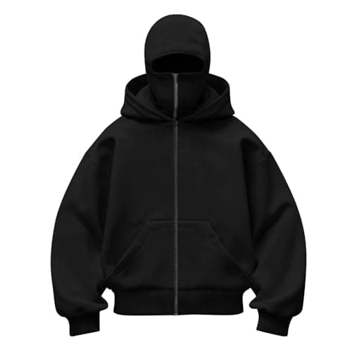 Image of Balaclava Masked Hoodie for Kids Windproof Warm Hooded Jackets Full Zip Leisure Sweatshirts Fashion Lightweight Coat Solid Color Long Sleeve Tops with Pockets (Black, 11-12 Years)