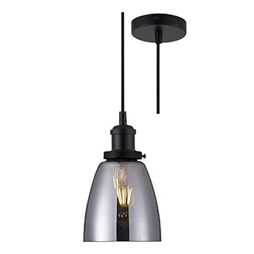 Image of Britalia Matt Black & Smoked Conical Tulip Glass Vintage Retro Pendant Ceiling Light | 14cm Diameter | Black Braided Cable | 1 x ES E27 Lamp Bulb Required | 240 Volts | Bedroom - Lounge - Kitchen