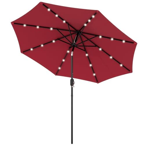 Image of Outsunny Φ2.7m Garden 24 LED Light Parasol Solar Outdoor Tilt Sun Umbrella Patio Club Party Event Manual Sun Shade w/Hand Crank and 8 Ribs Red