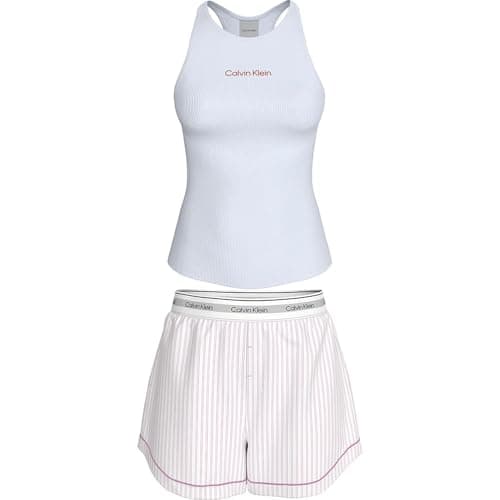 Image of Calvin Klein Women's V DAY TANK SHORT SET LV00QS7580 Set, White (CLASSIC WHT W ECHO STRIPE CLASSIC), L