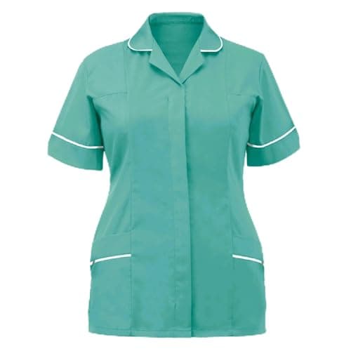 Image of Scrub Tops for Women UK Zip Up Beauty Tunic Lapel V Neck Nurses Uniform Women's Clinic Tunic Salon Hairdressing Spa Beautician Work Wear Tops Halloween Cosplay Outfit (Mint Green, XXL)