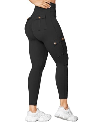 Image of Nuofengkudu Women High Waisted Cargo Leggings Gym with Pockets Scrunchs Bum Butt Lifting Booty Push up Ankle Length Tummy Control Solid Running Sports Jogging Trousers Stretch Pants Black L