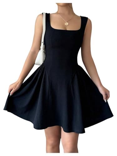 Image of GORGLITTER Black Dress for Women A Line Sleeveless Swing Flared Square Neck Dress Ruffle Mini Tank Sundress, Black, XS