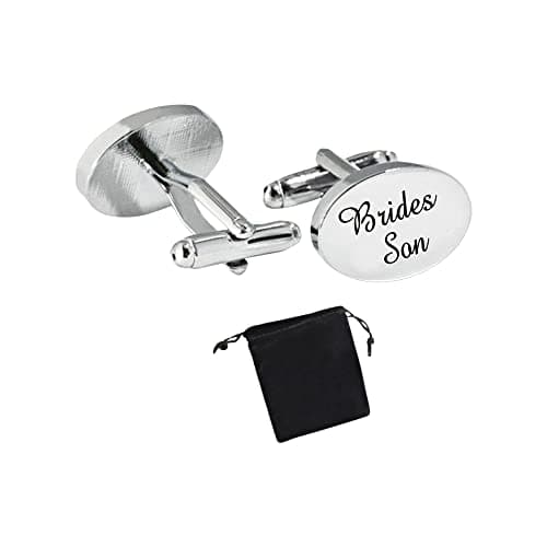 Image of Virens Empourium Men's Wedding Cufflinks SILVER OVAL Cufflink, Groom Best Man Usher Page Boy and Many More Titles, Gift Pouch with Every Pair of Cuff Link (Bride Son)