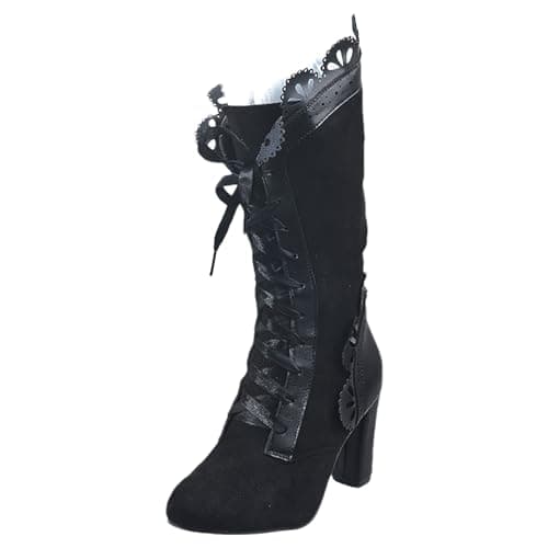Image of rismart Women's Victorian Mid-Calf Boots Lace up Round Toe Vintage Gothic Boots Black, 4 UK
