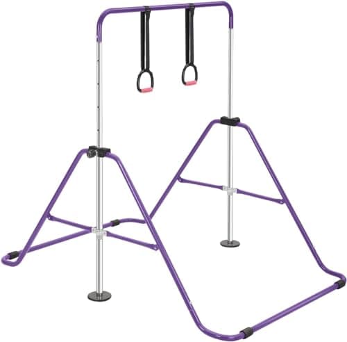 Image of Foldable Gymnastics Bar for Kids - Adjustable Height Horizontal Kip Bar with Rings, Stable Steel Frame Gymnastics Equipment for Home Training, Indoor Kids Gym Playset(With Rings, Purple)