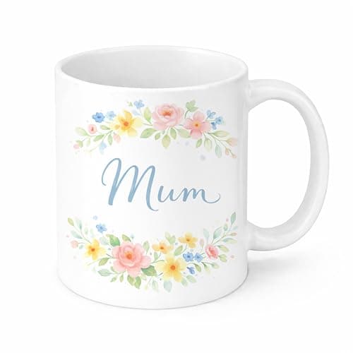 Image of Brew Crew Gifts Watercolour Floral Mug for Mum, White Ceramic, 11 oz, Dishwasher and Microwave Safe, Calligraphy Script Design