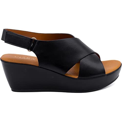 Image of CIARA LONDON Ladies Black Open Toe Slip On Mid Heel Wedge Hook And Loop Casual Summer Sandals UK 3