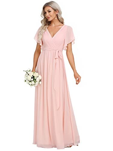Image of Ever-Pretty Women's V-Neck Ruffles Sleeves Chiffon Floor Maxi Party Dress Bridesmaid Pink 16UK