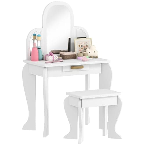 Image of HOMCOM Kids Dressing Table and Stool Kids Vanity Set Makeup Desk w/Mirror, Drawer, for Ages 3-6 Years, White
