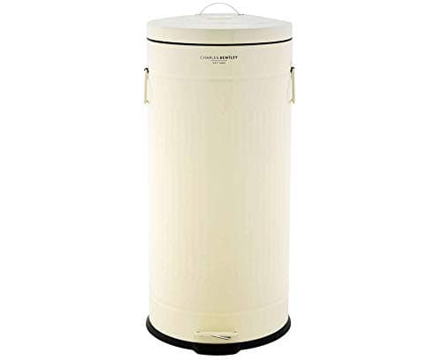 Image of CHARLES BENTLEY Kitchen Bin, 30 Litre, Steel, Round, Retro Style, Kitchen Pedal Waste Bin, Cream, Contemporary, Aesthetic, Convenient, Side And Lid Handles, Inner Bucket, Easy Emptying (68.5x29cm)