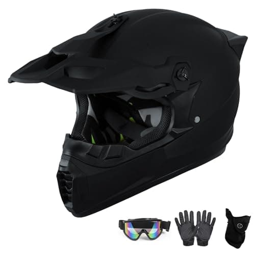 Image of Youth Kids Motocross Helmet Full Face ATV/Dirt Bike Motorcycle with Fashionable Tail Wing Design, Goggles + Gloves + Mask, MTB BMX Off-Road Crash for Boys Girls(Sub-black,XL(58~59cm))