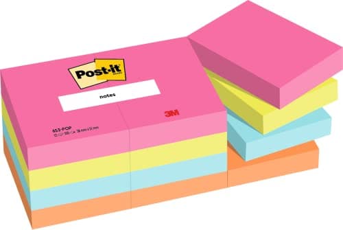 Image of Post-it Notes Poptimistic Color Collection, Pack of 12 Pads, 100 Sheets per Pad,38 mm x 51 mm, Pink, Green, Blue, Orange - Self-Stick Notes for Note Taking, to Do Lists & Reminders