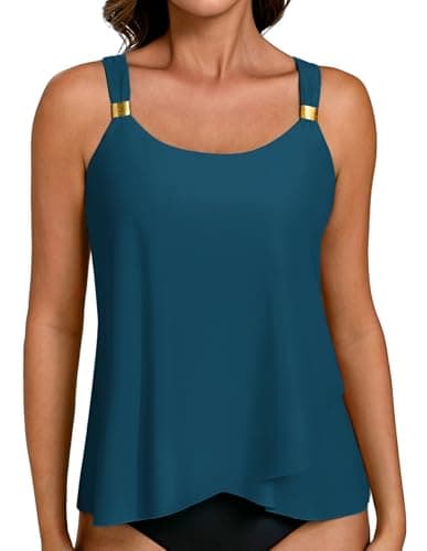Image of Hanna Nikole Tankini Top for Women,Tummy Control Swimsuit Top Only,Flowing Hem Bathing Suit Top,U Neck Swimming Costume Top with Pad Peacock Blue XXL