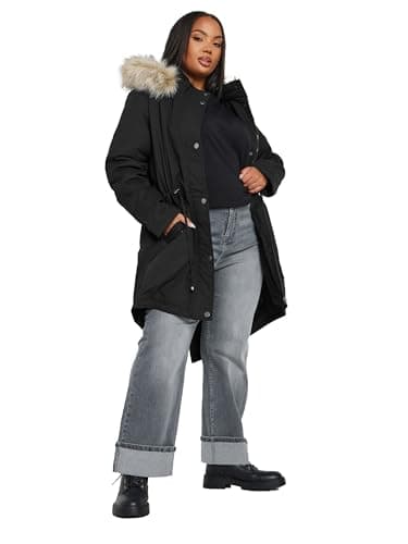 Image of Yours Curve Faux Fur Trim Parka Coat - Women's - Plus Size Curve