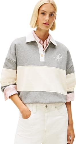 Image of Tommy Hilfiger Women's GOLD BTN RUGBY FLEECE SWTSRT WW0WW48785 Pullover Sweatshirt, GREY (Med Heather Grey), L