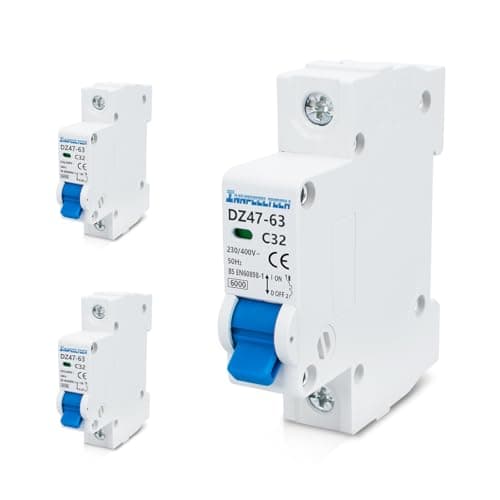 Image of Innfeeltech 3 Pcs 32 Amp Current 230V Miniature Circuit Breakers MCB Single Pole Type B for DIN Rail Mounting