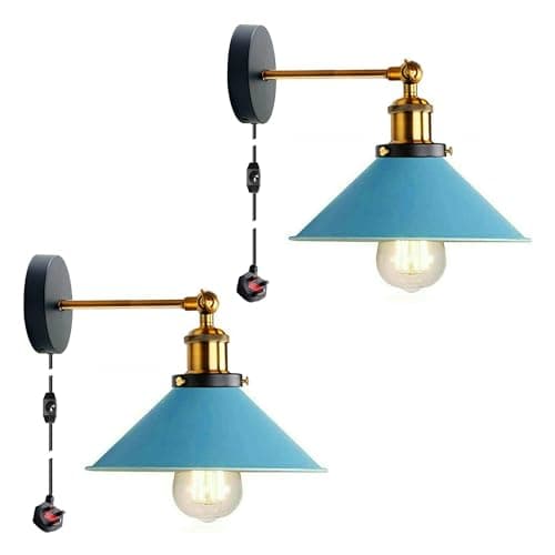 Image of DC VOLTAGE 2 Pack Industrial Dimmable Wall Light Plug in Stepless Dimming Vintage Wall Lamp with Switch, Bedroom Lamps with Dimming Switch Plug, E27 Metal Blue Wall Sconce for Living Room Restaurant