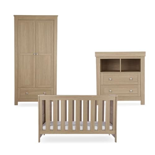 Image of CuddleCo Burford Nursery Furniture Set - Convertible Cot Bed with 3 Mattress Base Positions, Dresser Changer with Removable Changing Top, Ideal Baby Furniture for Traditional Nursery (Oak, 3pc)