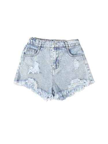 Image of GORGLITTER Girl's Distressed Jeans Shorts Ripped Raw Hem Basic 5 Pocket Casual Denim Shorts Light Wash 11Y