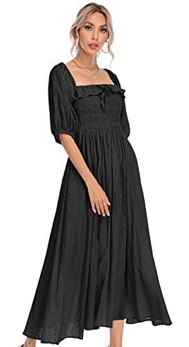 Image of R.Vivimos Women's Polka Dot Slim Fit Half Puff Sleeve Dress Square Neck Cottagecore Long Midi Dress(XLarge,Black)