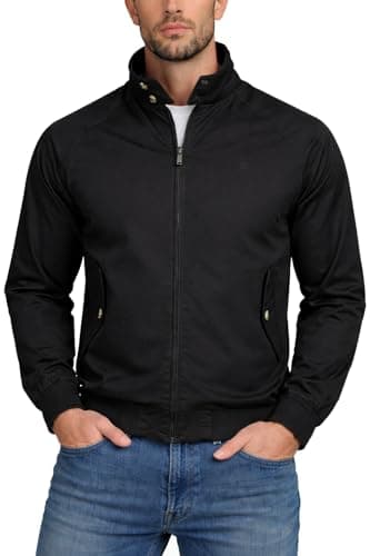 Image of Xact Men's Soft Cotton Harrington Bomber Jacket - Classic Mod Retro Style, Tartan Check Lining, Regular Fit, Lightweight Spring Autumn & Fall Car Coat (Black) XL